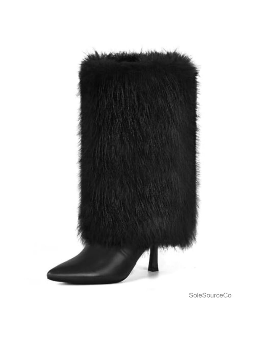 Women's Faux Fur Mid Calf Kitten Heel Pointed Toe Boots Side Zip Winter